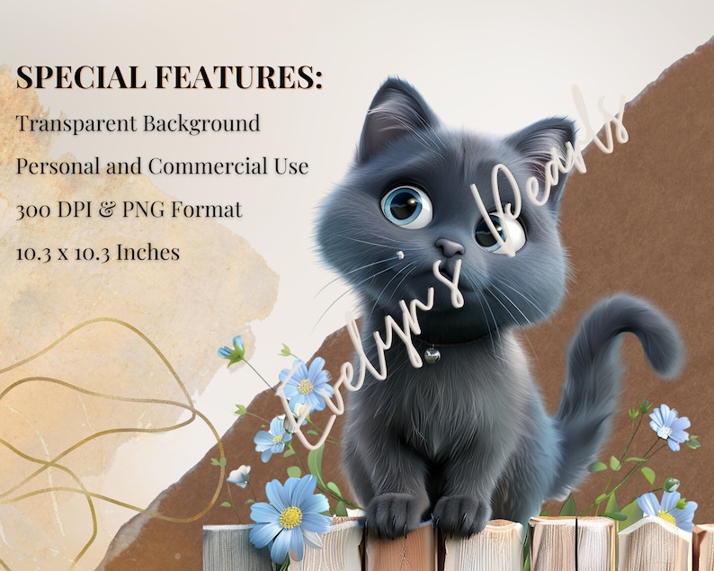 May include: A cartoon gray kitten with blue eyes sits on a wooden fence with blue flowers. The background is a brown and beige watercolor wash with gold lines.