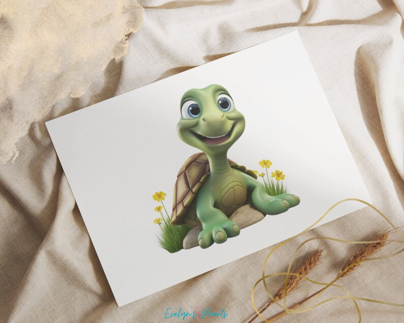 Op de afbeelding: Een groene cartoon schildpad met een grote glimlach, zittend op een rots met gele bloemen en groen gras.