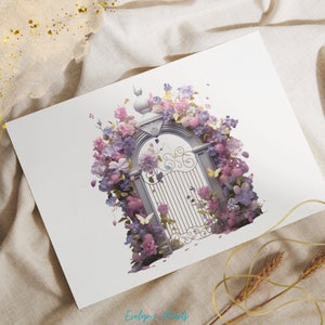 May include: A white archway covered in pink and purple flowers with butterflies flying around it. The archway is made of metal and has a decorative design.