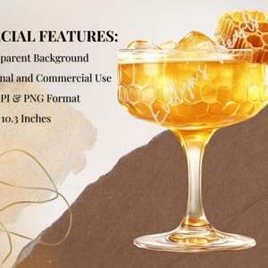May include: A honey-colored cocktail in a coupe glass with a honeycomb design. The glass is decorated with a small piece of honeycomb on the rim. The image has a transparent background.