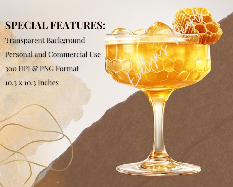May include: A honey-colored cocktail in a coupe glass with a honeycomb design. The glass is decorated with a small piece of honeycomb on the rim. The image has a transparent background.