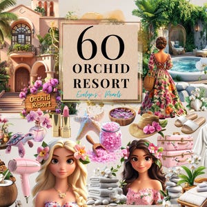 Imágenes prediseñadas de resort de orquídeas, spa tropical PNG, imágenes prediseñadas de vacaciones de verano, elemento de relajación PNG, imágenes prediseñadas de flores de primavera, imágenes prediseñadas de viajes / uso comercial