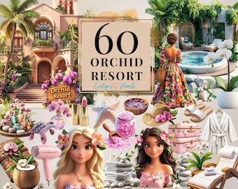 Orchid Resort Clipart Tropical Spa PNG Summer Vacation Clipart Relaxation Element PNG Spring Flowers Clipart Travel | Commercial Use Clipart