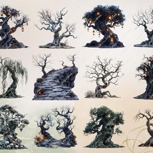 May include: A collection of 10 digital illustrations of various trees with different styles and colors. The trees are depicted in a whimsical and fantastical style, with some featuring glowing lights and intricate details.