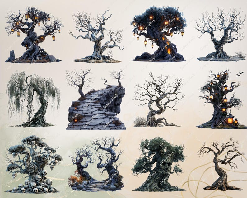 May include: A collection of 10 digital illustrations of various trees with different styles and colors. The trees are depicted in a whimsical and fantastical style, with some featuring glowing lights and intricate details.