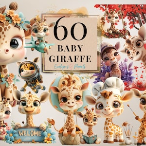 Clipart de jirafa Linda bebé jirafa PNG Decoración infantil Clipart Animal de Safari PNG Imágenes prediseñadas de la selva Dibujos animados / Uso comercial Clipart Transparente