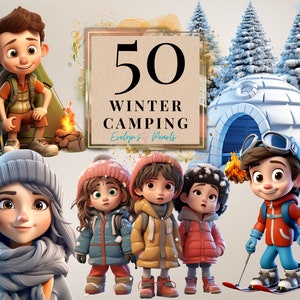 Clipart campeggio invernale Winter Wonderland Clipart persone Clipart Igloo Clipart vacanze invernali PNG bambini / uso commerciale Clipart trasparente