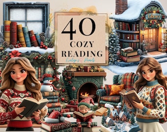 May include: A digital illustration of a cozy winter scene with a fireplace, books, and a girl reading. The illustration features a variety of winter elements, including snow, a snowman, and a Christmas tree. The text "40 Cozy Reading" is displayed in the center of the image.