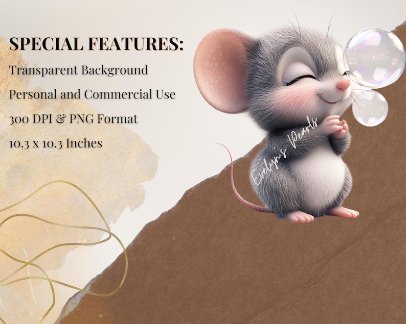 May include: A cute cartoon mouse with closed eyes blows bubbles. The mouse is gray with a pink nose and is sitting on a brown background. The image is 10.3 inches by 10.3 inches and is 300 DPI.