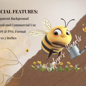 May include: A cartoon bee with black and yellow stripes is holding a small watering can. The bee is surrounded by yellow flowers and green leaves. The background is a brown and beige watercolor wash. The text "Evelyns Pearls" is written in cursive on the image.  The image is 10.3 inches by 10.3 inches and is 300 DPI.