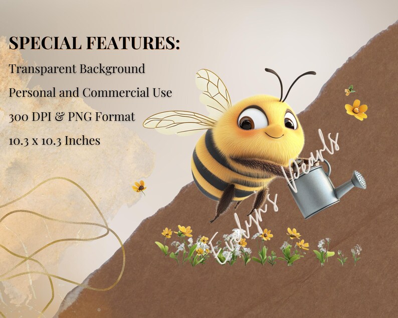 May include: A cartoon bee with black and yellow stripes is holding a small watering can. The bee is surrounded by yellow flowers and green leaves. The background is a brown and beige watercolor wash. The text "Evelyns Pearls" is written in cursive on the image.  The image is 10.3 inches by 10.3 inches and is 300 DPI.