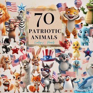 A cheerful lion holding an American flag, surrounded by festive 4th of July decorations in red, white, and blue, perfect for patriotic-themed projects.