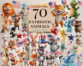 4 Juli Tier Illustrationen mit USA Flaggen, perfekt für Kinder zum Basteln und Selbermachen | Kommerzielle Nutzung Clipart