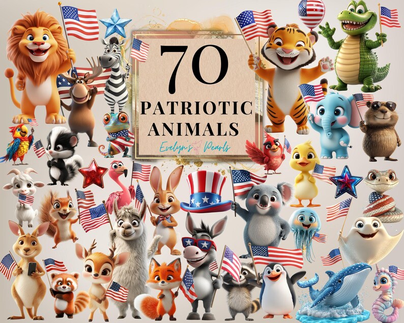A cheerful lion holding an American flag, surrounded by festive 4th of July decorations in red, white, and blue, perfect for patriotic-themed projects.