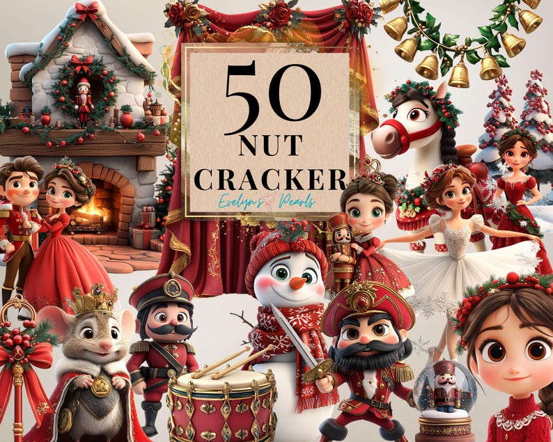 "Collection of 50 Nutcracker-themed illustrations featuring festive characters, holiday decor, and classic Nutcracker elements, perfect for seasonal designs."
