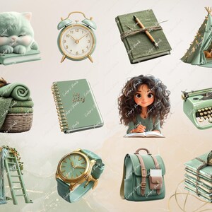 May include: A collection of green and white themed stationery and home decor items.  The items include a clock, a typewriter, a book, a backpack, a ladder, a watch, a cat, a tent, and a stack of books.