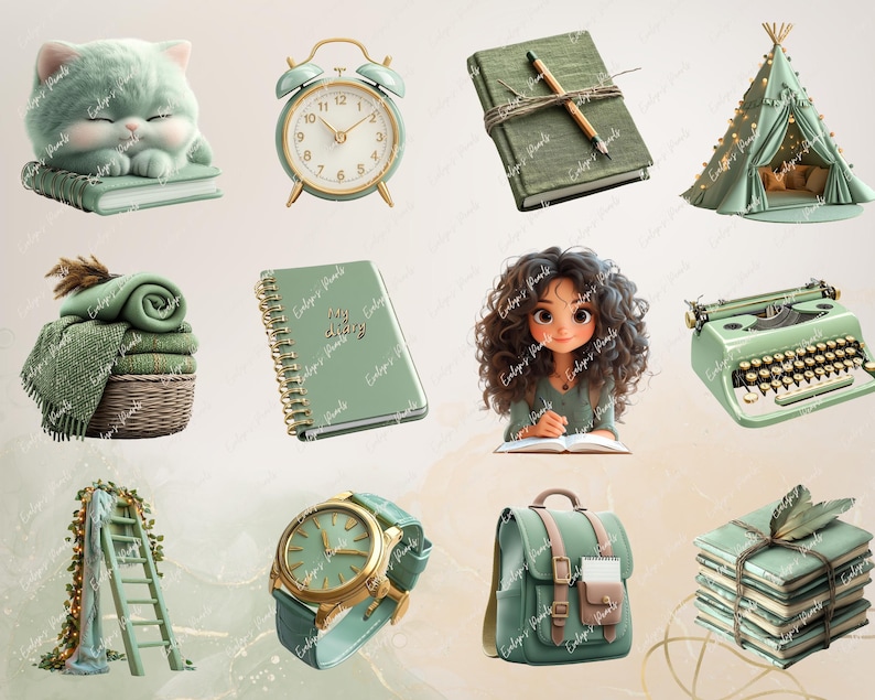 May include: A collection of green and white themed stationery and home decor items.  The items include a clock, a typewriter, a book, a backpack, a ladder, a watch, a cat, a tent, and a stack of books.