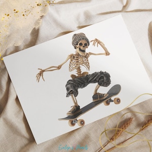 May include: A skeleton wearing a beanie and black trousers is skateboarding. The skeleton is holding onto the skateboard with one hand and has the other hand raised in the air. The skateboard is black with white wheels.