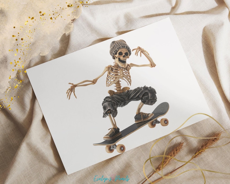 May include: A skeleton wearing a beanie and black trousers is skateboarding. The skeleton is holding onto the skateboard with one hand and has the other hand raised in the air. The skateboard is black with white wheels.