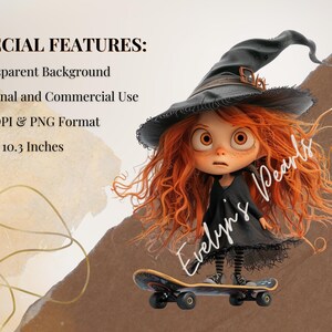 May include: A digital illustration of a witch with red hair and a black hat, riding a skateboard. The image includes the text "Evelyn's Pearls" and details about the image's features, including a 10.3 x 10.3 inches size.