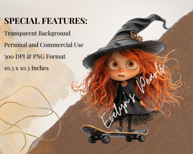 May include: A digital illustration of a witch with red hair and a black hat, riding a skateboard. The image includes the text "Evelyn's Pearls" and details about the image's features, including a 10.3 x 10.3 inches size.