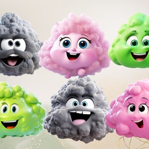 May include: Six cartoon clouds with different expressions. The clouds are gray, pink, and green. They have big eyes, smiles, and some have eyelashes.