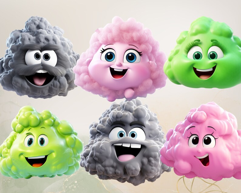 May include: Six cartoon clouds with different expressions. The clouds are gray, pink, and green. They have big eyes, smiles, and some have eyelashes.
