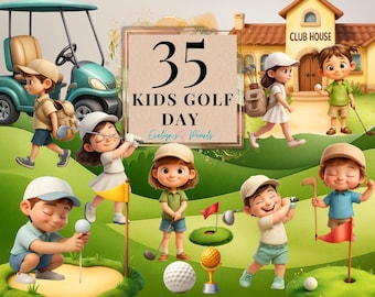 Cute Golf Clipart Golf Equipment PNG Kids Playing Golf Clipart Kids Sports PNG Birthday Party, Baby Shower Invitation PNG Scrapbook Clipart