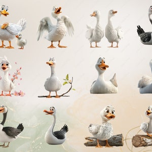 May include: A collection of cartoon geese in various poses. Some geese are white, while others are grey and white. The geese are depicted in a variety of settings, including a branch, a log, and a plain background.