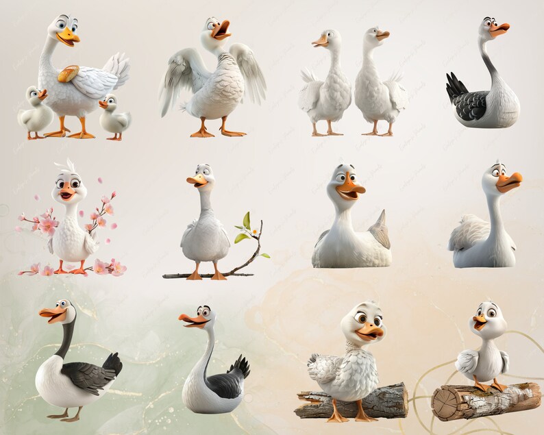 May include: A collection of cartoon geese in various poses. Some geese are white, while others are grey and white. The geese are depicted in a variety of settings, including a branch, a log, and a plain background.