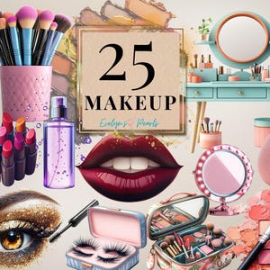 Makeup Clipart Fashion Clipart Beauty Cosmetics Set PNG Red lipstick Clipart Printable Makeup Stickers | Commercial Use Clipart Transparent