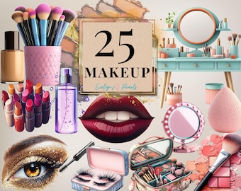 Makeup Clipart Fashion Clipart Beauty Cosmetics Set PNG Red lipstick Clipart Printable Makeup Stickers | Commercial Use Clipart Transparent