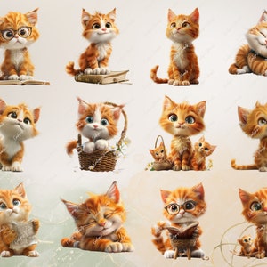 May include: A collection of 12 adorable orange tabby cats in various poses. Some cats are wearing glasses, holding books, or sitting in baskets. The cats are all cartoon-like and have big, expressive eyes.