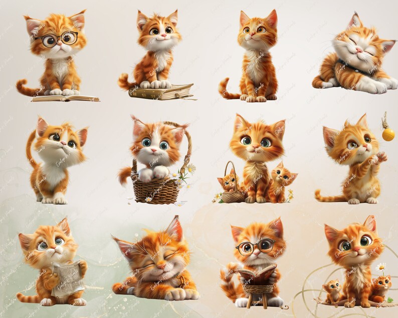 May include: A collection of 12 adorable orange tabby cats in various poses. Some cats are wearing glasses, holding books, or sitting in baskets. The cats are all cartoon-like and have big, expressive eyes.