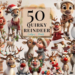Clipart renne insolite PNG renne drôle hiver Clipart festif renne lunatique PNG neige | Clipart à usage commercial transparent