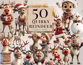 Reindeer Clipart Quirky Reindeer PNG Funny Reindeer Winter Festive Clipart Whimsical Reindeer PNG Snow | Commercial Use Clipart Transparent