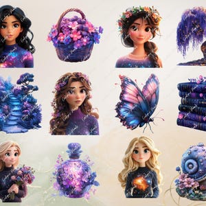May include: A collection of digital illustrations featuring fantasy elements. Includes portraits of women, a basket of flowers, a weeping willow tree, a butterfly, a stack of books, a snail, and a decorative bottle, all in shades of purple and blue.