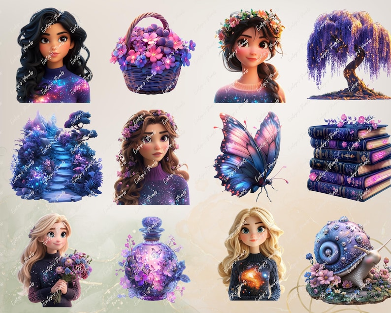 May include: A collection of digital illustrations featuring fantasy elements. Includes portraits of women, a basket of flowers, a weeping willow tree, a butterfly, a stack of books, a snail, and a decorative bottle, all in shades of purple and blue.