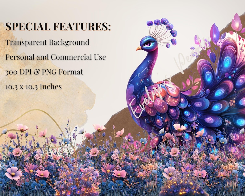 May include: A digital illustration of a peacock with a vibrant display of blue, purple, and pink feathers. The image includes text that reads "SPECIAL FEATURES: Transparent Background, Personal and Commercial Use, 300 DPI & PNG Format, 10.3 x 10.3 Inches."