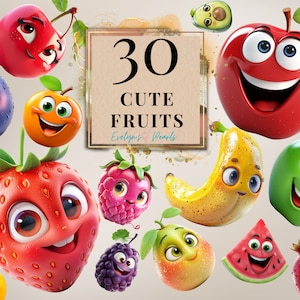 Clipart owocowy Słodkie owoce PNG Słodkie jedzenie Clipart Słodkie kreskówki PNG Dzieci Clipart Naklejka PNG Wystrój pokoju dziecięcego | Użytek komercyjny Clipart Przezroczysty