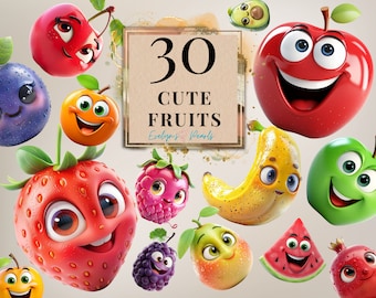 Fruit Clipart Cute Fruit PNG Cute Food Clipart Cute Cartoon PNG Kids Clipart Sticker PNG Nursery Decor | Commercial Use Clipart Transparent