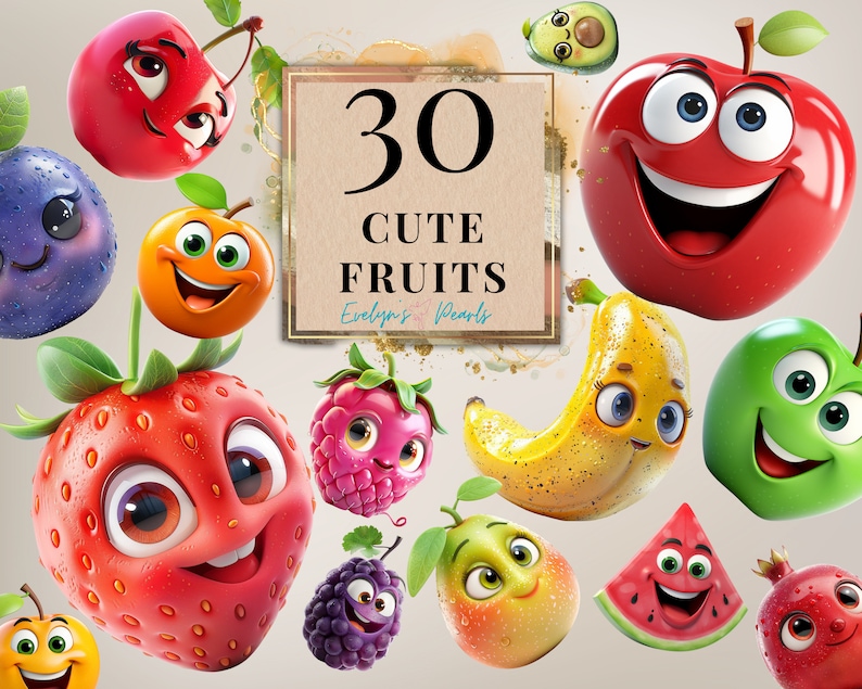 Puede incluir: Conjunto de 30 im&aacute;genes predise&ntilde;adas digitales de frutas lindas que presentan frutas de dibujos animados con caras sonrientes. Las frutas incluyen una manzana roja, una manzana verde, un pl&aacute;tano, una fresa, una pera, una sand&iacute;a, una granada, un ar&aacute;ndano, una cereza, una naranja, una frambuesa, una mora y un aguacate.
