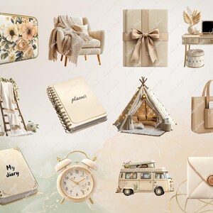 May include: A collection of beige and cream-colored home decor items, including a floral patterned laptop sleeve, a planner, a diary, a tote bag, a tent, a vintage van, an alarm clock, and a decorative envelope.