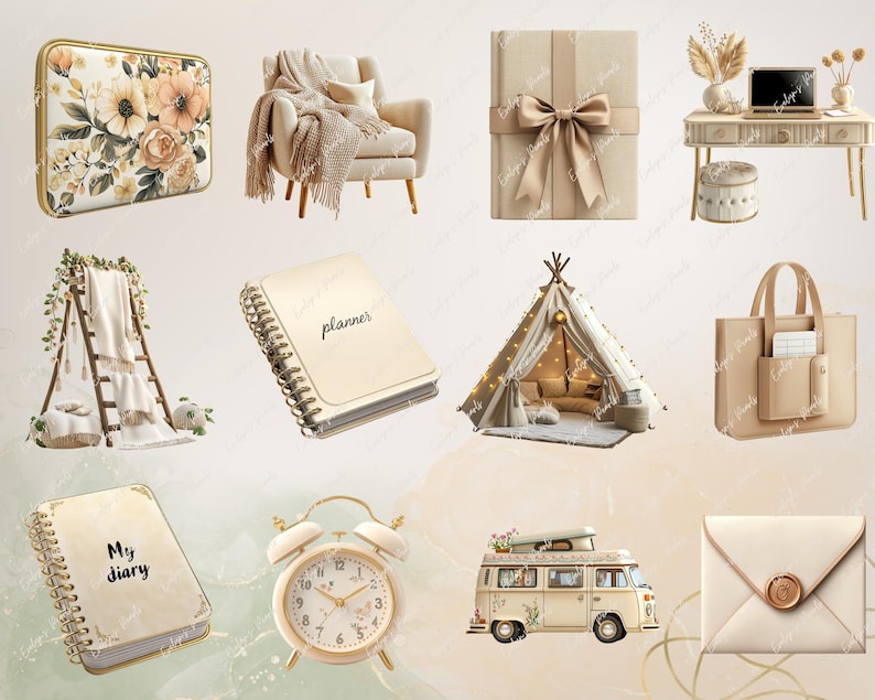 May include: A collection of beige and cream-colored home decor items, including a floral patterned laptop sleeve, a planner, a diary, a tote bag, a tent, a vintage van, an alarm clock, and a decorative envelope.