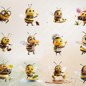 May include: Ten cartoon bees in various poses, including holding flowers, a camera, a chef's hat, and a honeycomb. The bees are yellow and black with large, expressive eyes.