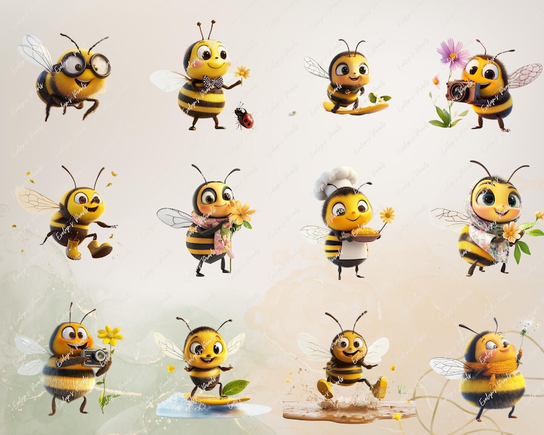 May include: Ten cartoon bees in various poses, including holding flowers, a camera, a chef's hat, and a honeycomb. The bees are yellow and black with large, expressive eyes.