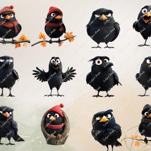 May include: Twelve cartoon crows with different expressions, some wearing red hats and scarves. The crows are black with yellow beaks and white eyes. They are all standing on branches or logs.