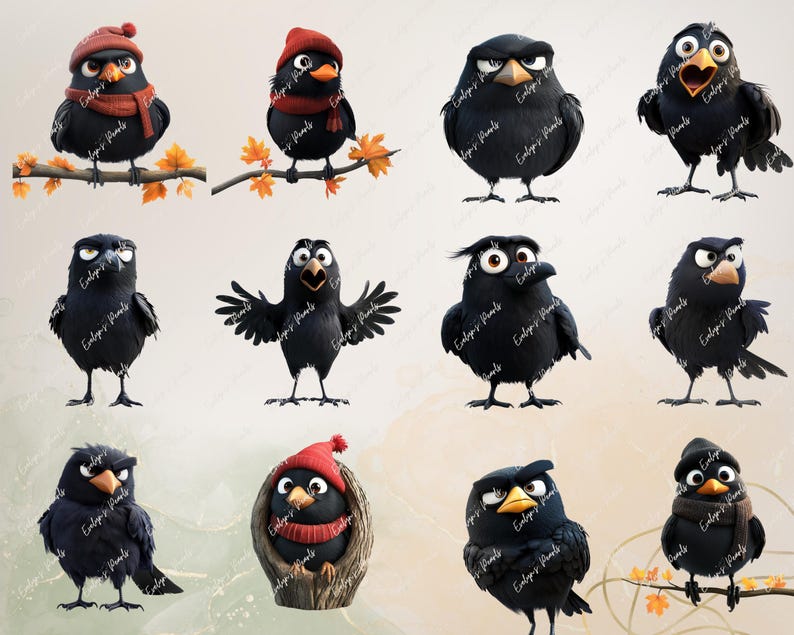 May include: Twelve cartoon crows with different expressions, some wearing red hats and scarves. The crows are black with yellow beaks and white eyes. They are all standing on branches or logs.
