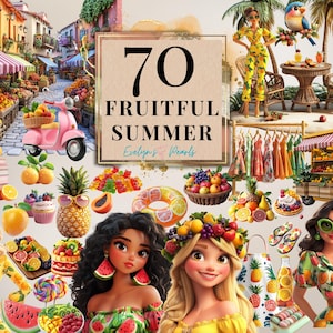 Clipart de verano fructífero PNG de verano colorido Clipart de verano tropical PNG de revista basura Pegatinas digitales Clipart / Uso comercial Clipart