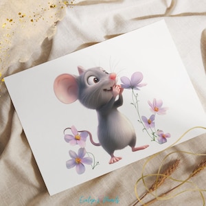 May include: A cartoon gray mouse with pink ears is sniffing a purple flower. The mouse is surrounded by purple flowers with green stems.